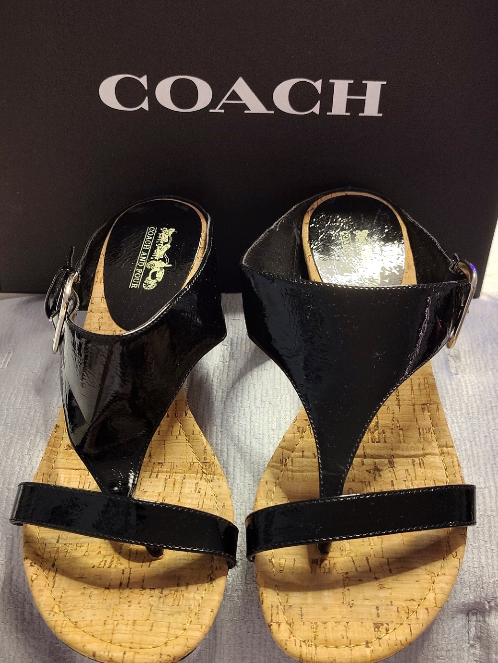 Coach Black Patent Cork Wedge Thong Sandals